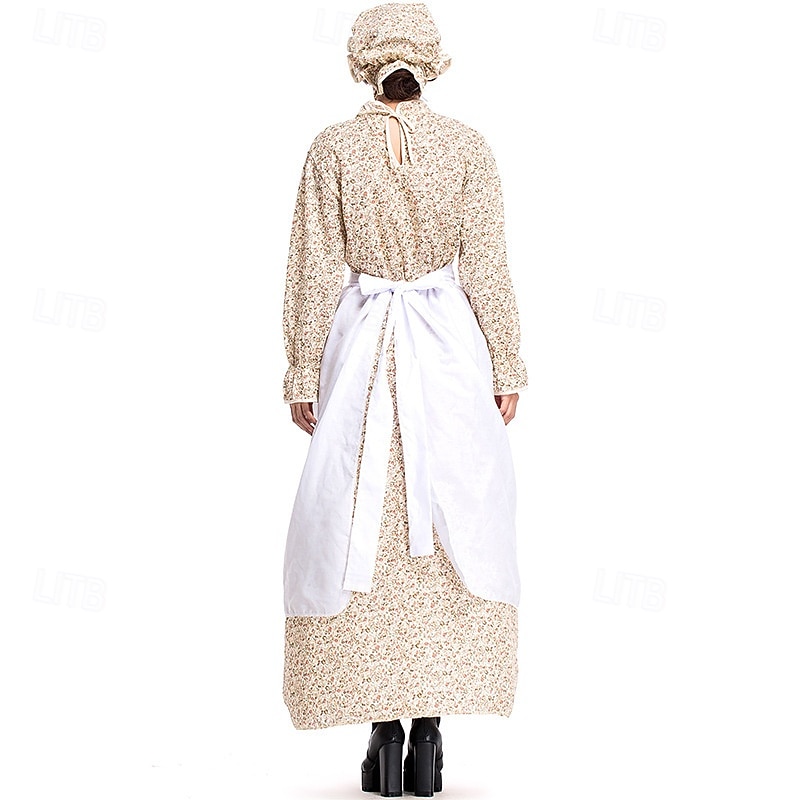 250º Aniversario de EE. UU. Siglo 19 década de 1800 Vestido de la pradera Conjunto de gorro y delantal Larga Chica pionera Colonial Pionero Guerra Revolucionaria Floral Disfraz Mujer Víspera de Todos 2026 - $44.99 –P3