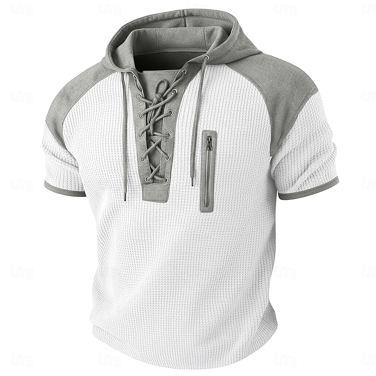Herre Vaffel Henley-skjorte T-skjorte Kortermet Med hette Snøring i halsen Sommer Vår Alle årstider Helfarge Mote Designer Fritid Fargeblokk Avslappet Daglig utendørs Lyseblå Svart Vin Topp T-skjorte 2026 - $22.99 –P8