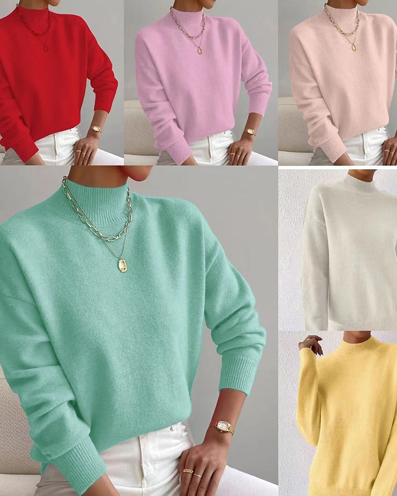 Women's Sweater Pullover Fashion Streetwear Casual Solid Color Mock Neck Knitted Long Sleeve Regular Tops Knit Daily Holiday Going out Yellow Pink Fall Winter 2026 - $33.99 –P1