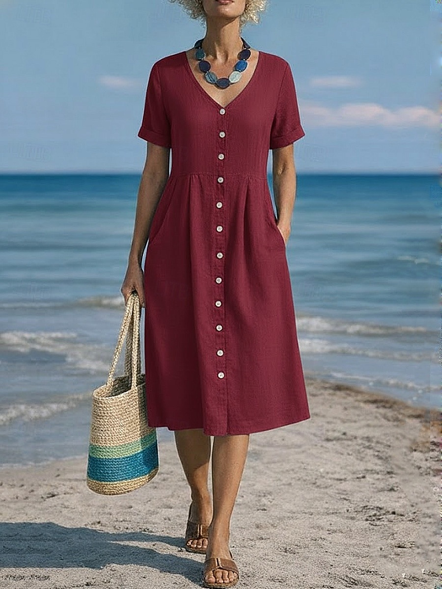 Damskie Sukienka midi Sztuczna bawełna len Sukienka A line Codzienny Codzienny Regularny Równina Krótki rękaw W serek Niebieski Czarny Biały Wino Lato Wiosna 2026 - $31.99 –P11