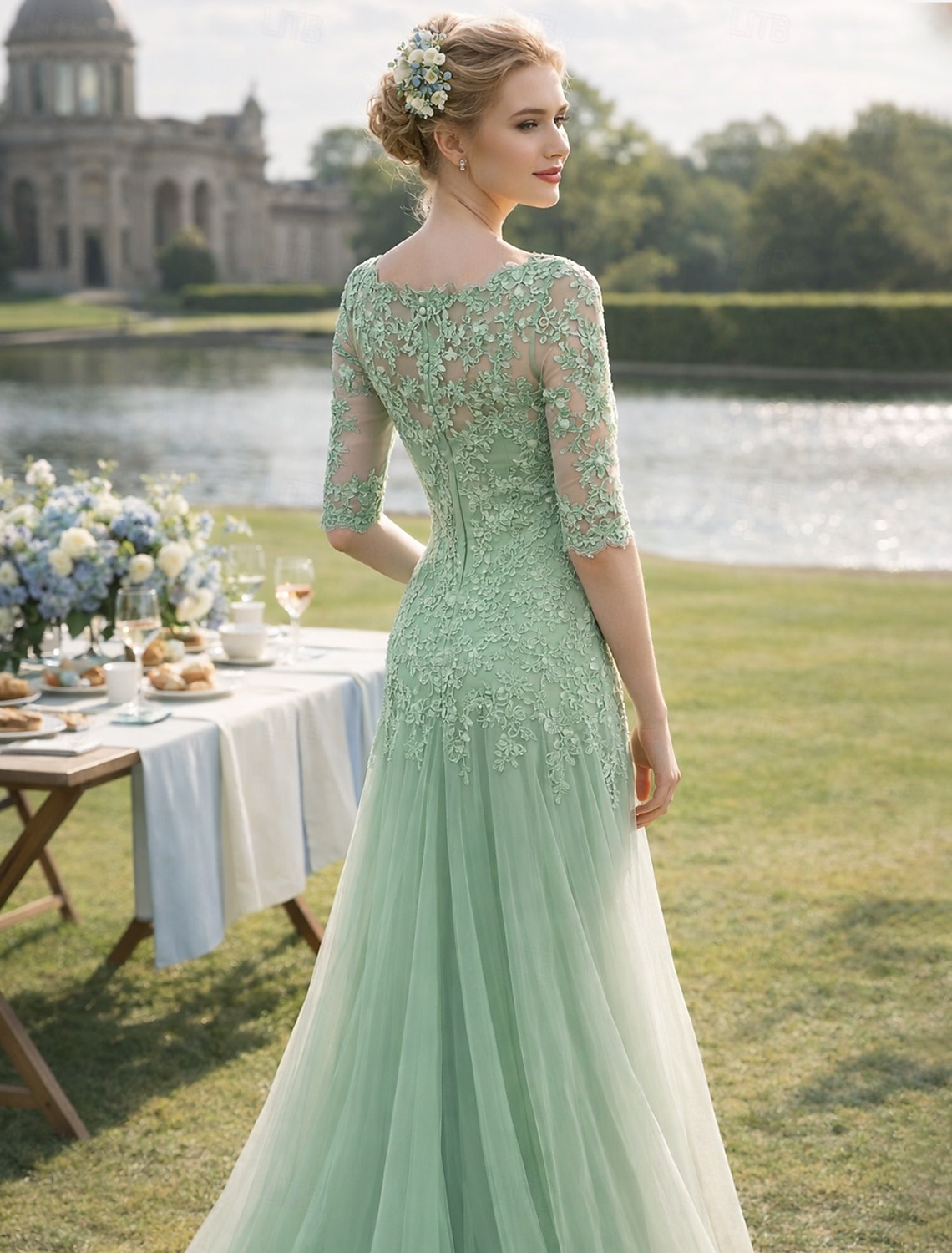 A-linje Svepsläp Bröllopsgästklänning Formell klädsel Aftonklänning Klänning till brudens mor Halvlång ärm V-hals Elegant Bröllopsfest Spets Tyll Nej med Krusad Applikationsbroderi 2026 - $197.99 –P2