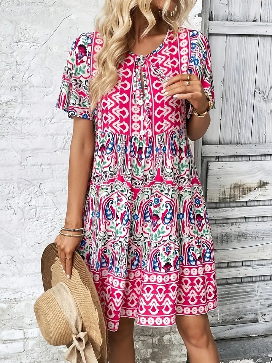 Dames Mini-jurk strand jurk A lijn jurk Bloemetjesjurk Elegant Modieus Modern Dagelijks Buiten Vakantie Normale pasvorm Geometrisch Korte mouw V-hals blauw Rood Marine Blauw Oranje Zomer Lente Herfst 2026 - $21.99 –P9