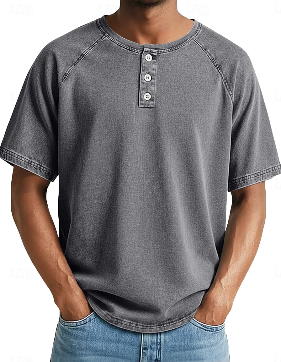 SoftFade™ Men's Tee Cotton T Shirt Washed Shirt Short Sleeve Henley Summer Spring Solid Color Plain Vintage Designer Casual Faded Buttons Casual Daily Outdoor Gray Top Tee for Men 2026 - $20.99 –P1