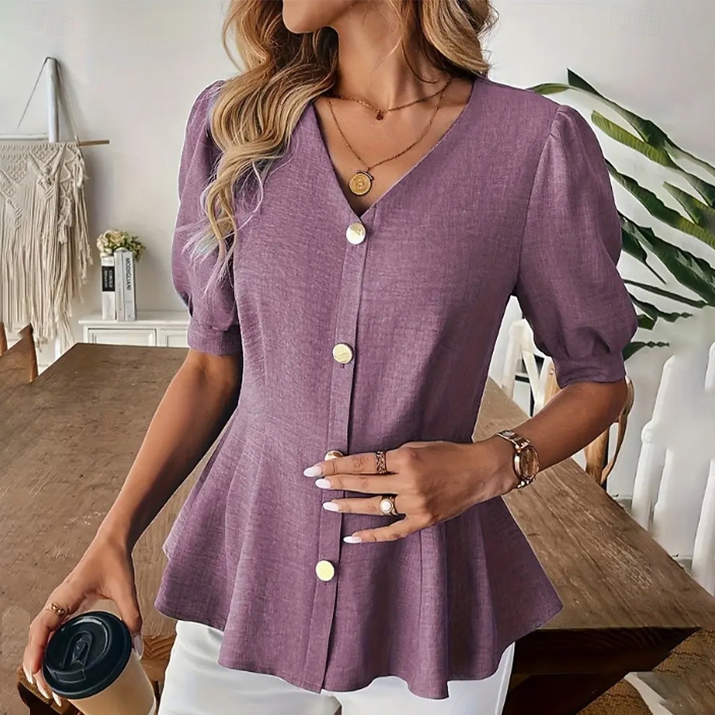 Damen Freizeithemd Knopfhemd Bluse Gerafft Tunika Knöpfe Einfarbig Einfach Elegant Täglich Stilvoll Kurzarm Puffärmel V Ausschnitt Normale Oberteile Ferien Strandbekleidung Urlaubskleidung Blau Kamel 2026 - $24.99 –P7