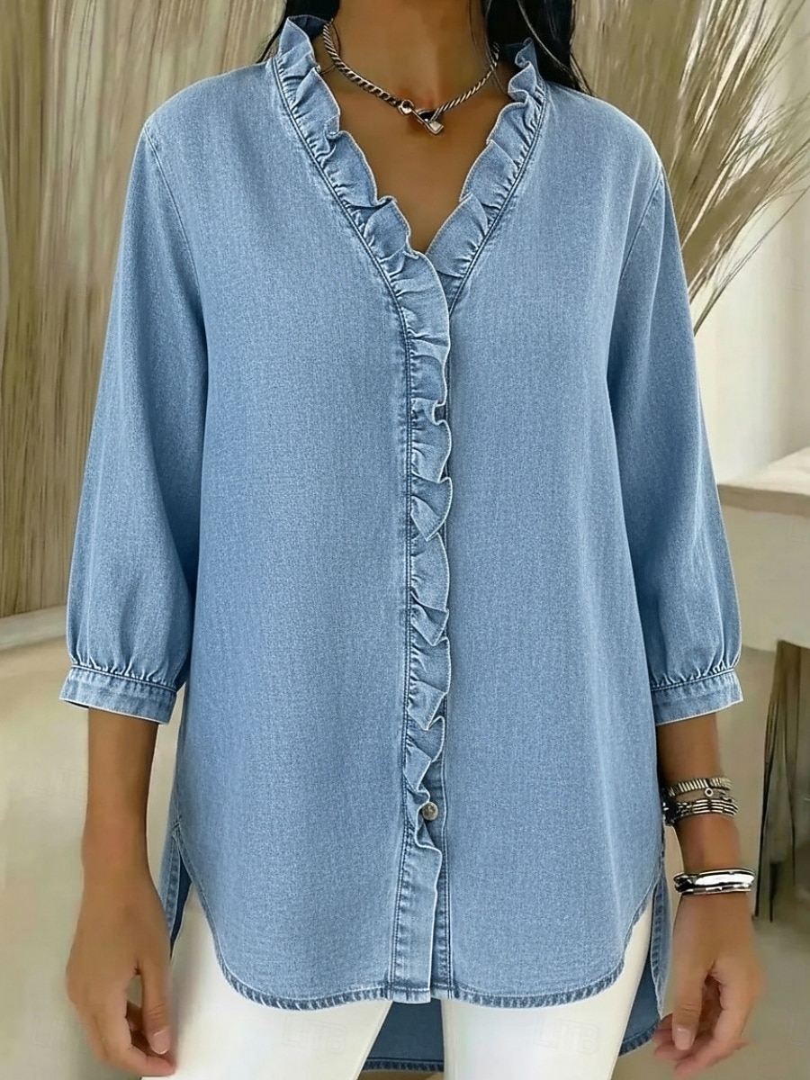 Per donna Camicia Estiva Camicia casual Blusa Volant Tinta unica Vacanza Vintage Elegante Manica 3/4 Scollo a V Top Regolari Quotidiano All'aperto Ferie Blu Nero Blu marino Albicocca Grigio Primavera del 2026 a $29.99 –P8
