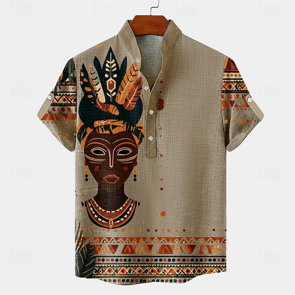 Herr Etik / afrikansk Urfolk Skjorta Button Down skjorta Kortärmad Vintage retro Helgdag Ledigt / vardag Sommar Vår Kinakrage Henley krage 3D-utskrift Linne som skjorta 다크 카키 Svart Grön Kaki 2026 - $25.99 –P3