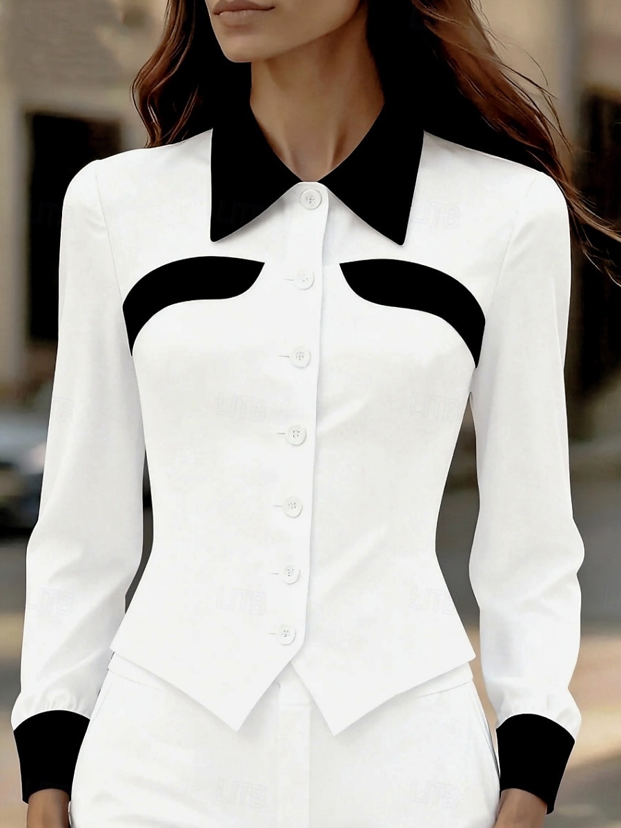 Жен. Блуза Пэчворк Пуговицы Контрастных цветов Элегантный стиль Стиль Классика Длинный рукав Рубашечный воротник Обычные топы Повседневные Офис Черный Белый Коричневый Хаки Весна Осень 2026 - $27.99 –P5