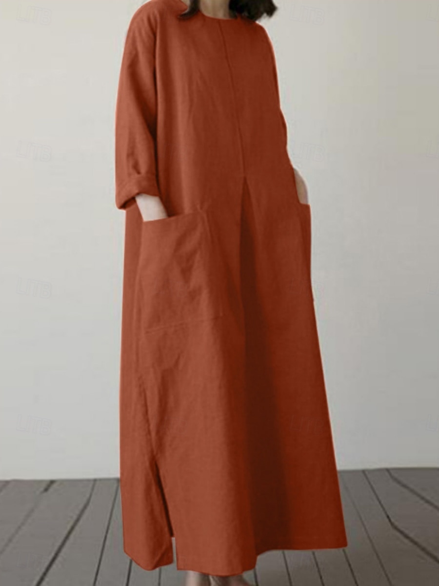 בגדי ריקוד נשים שמלת מיני פשתן כותנה דמוי עור שמלת שיפט יום יומי יומי מונח בצורה רפויה אחיד שרוול ארוך צווארון עגול קצר שחור כתום ירוק צבאי משמש קיץ אביב סתיו 2026 - $34.99 –P8