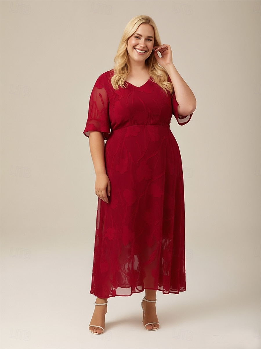 Women's Midi Dress Chiffon Dress A Line Dress Elegant Flutter Sleeve Daily  Wedding Guest Lace Floral Half Sleeve V Neck Red 2026