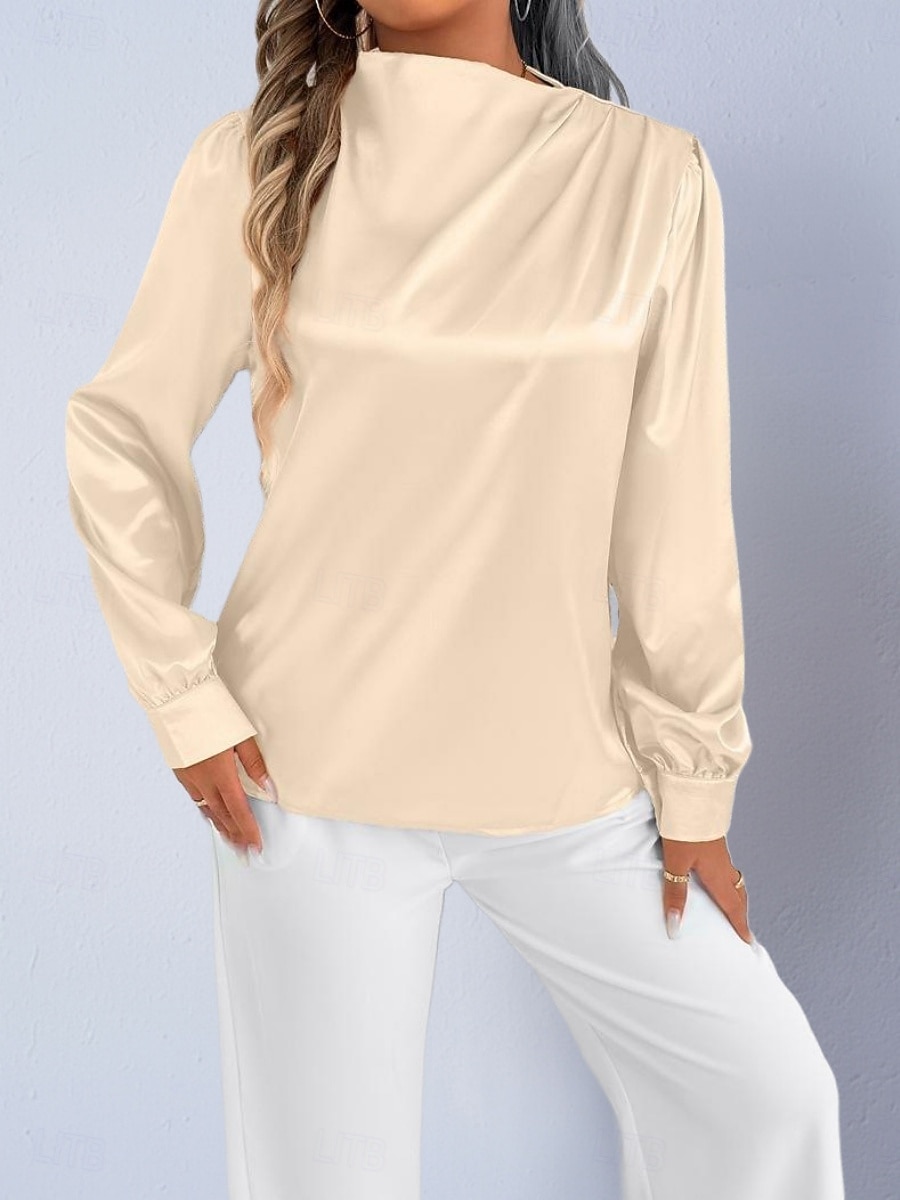 Dames Overhemd Satijnen overhemd Normaal shirt Met ruches Effen Stijlvol Basic Klassiek Lange mouw Hoge nek Normale tops Dagelijks Feestdagen Uitgaan Zwart Wit Wijn Rood Lente Herfst 2026 - $22.99 –P15