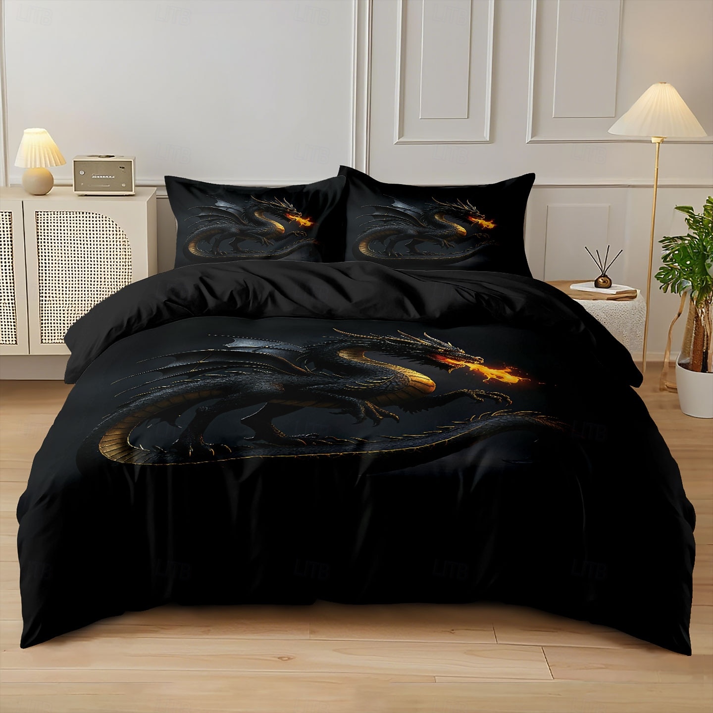 Set copripiumino con stampa di drago nero Spitfire, set di biancheria da letto in stile hotel con 1 copripiumino e 2 federe, morbido tessuto felpato corto, piumone non incluso. del 2026 a $44.99 –P2