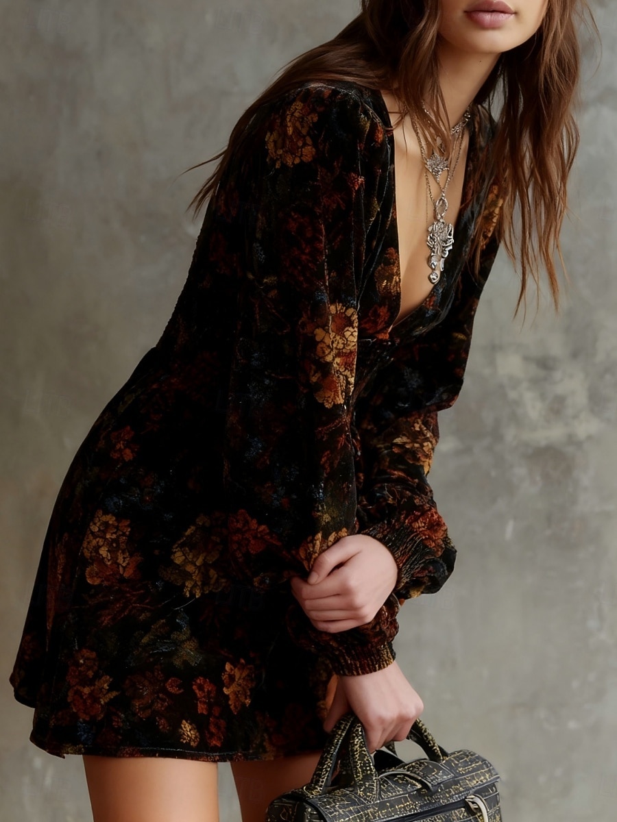 Mujer Mini vestido Vestido informal Vestido de flores Elegante Moda Moderno Exterior Vacaciones Noche Ajuste regular Floral Manga Corta Escote en Pico Negro Primavera Otoño 2026 - $41.99 –P4