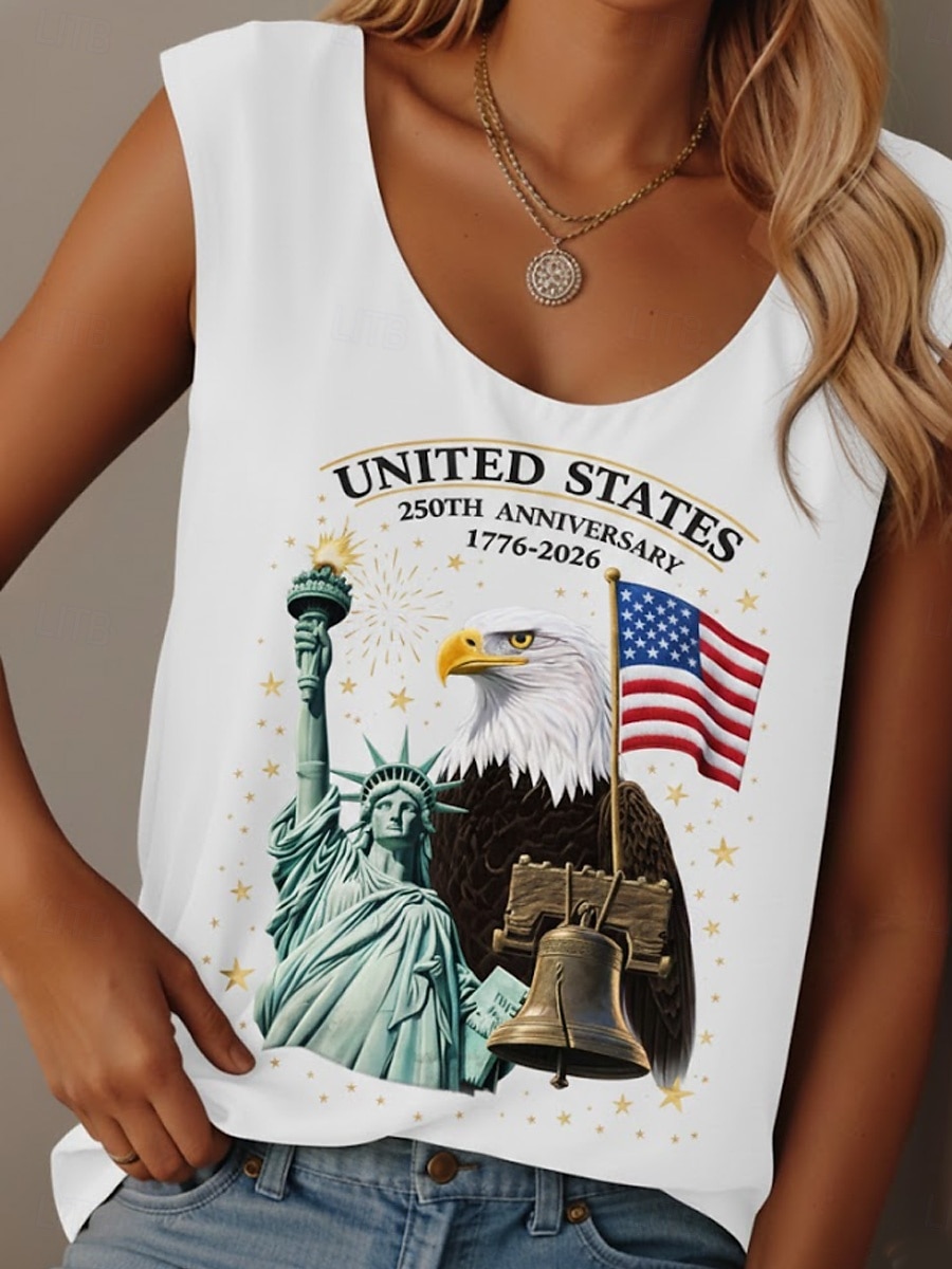 Unabhängigkeitstag Amerikanisches Jubiläum Patriotisches Damen T-Shirt Grafik Flagge Flagge Legere Ärmellos Rundhals Reguläre Tops Täglicher Druck Blau Schwarz Weiß Rot Sommer Frühling Betrunken 2026 - $19.99 –P5