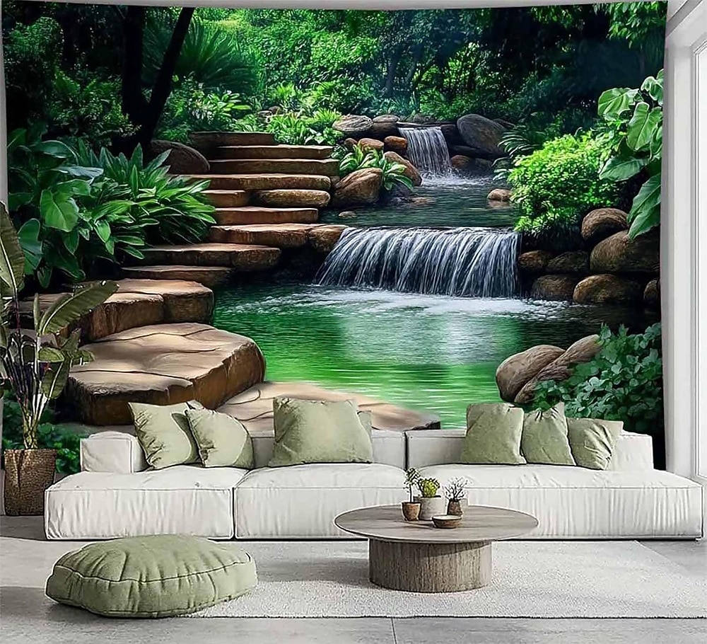 Aesthetic Zen Jungle Cave Tapestry 3D Waterfall Forest Sunlight Wall Decor Serene Nature Landscape Hanging for Yoga Studio Meditation Room 2026 - $20.99 –P5