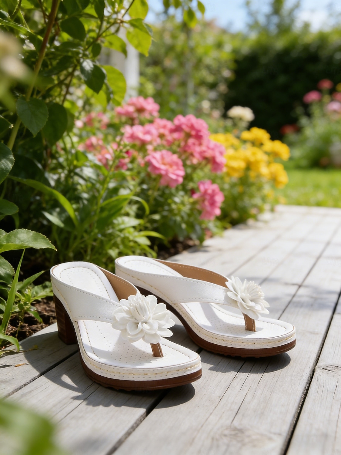 Sandalias blancas con tiras florales para mujer: tacón bajo de bloque suave y acolchado, estilo elegante de verano para damas, perfectas para vacaciones, eventos en el jardín, paseos y uso diario. 2026 - $26.99 –P1