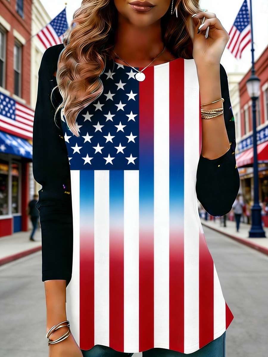 Giorno dell'Indipendenza Americana Per donna Maglietta Stampato Grafico Bandiera Moda Elegante Classico Manica Lunga Girocollo Top Regolari Quotidiano Weekend Abbigliamento da vacanza Rosso Estate del 2026 a $19.99 –P1