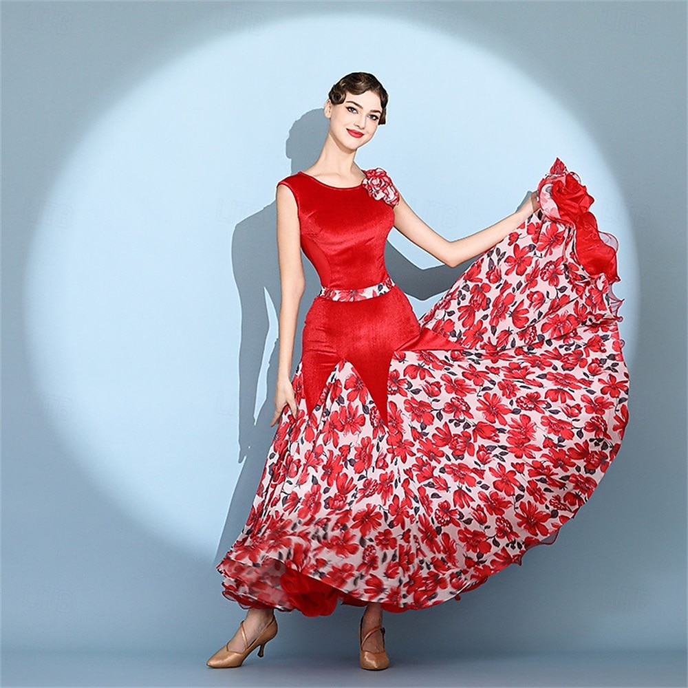 Robe de bal rouge en velours pour femme, sans manches, à imprimé floral, jupe ample, style valse, tango, moderne, standard, compétition. de 2026 ? $154.99 –P1