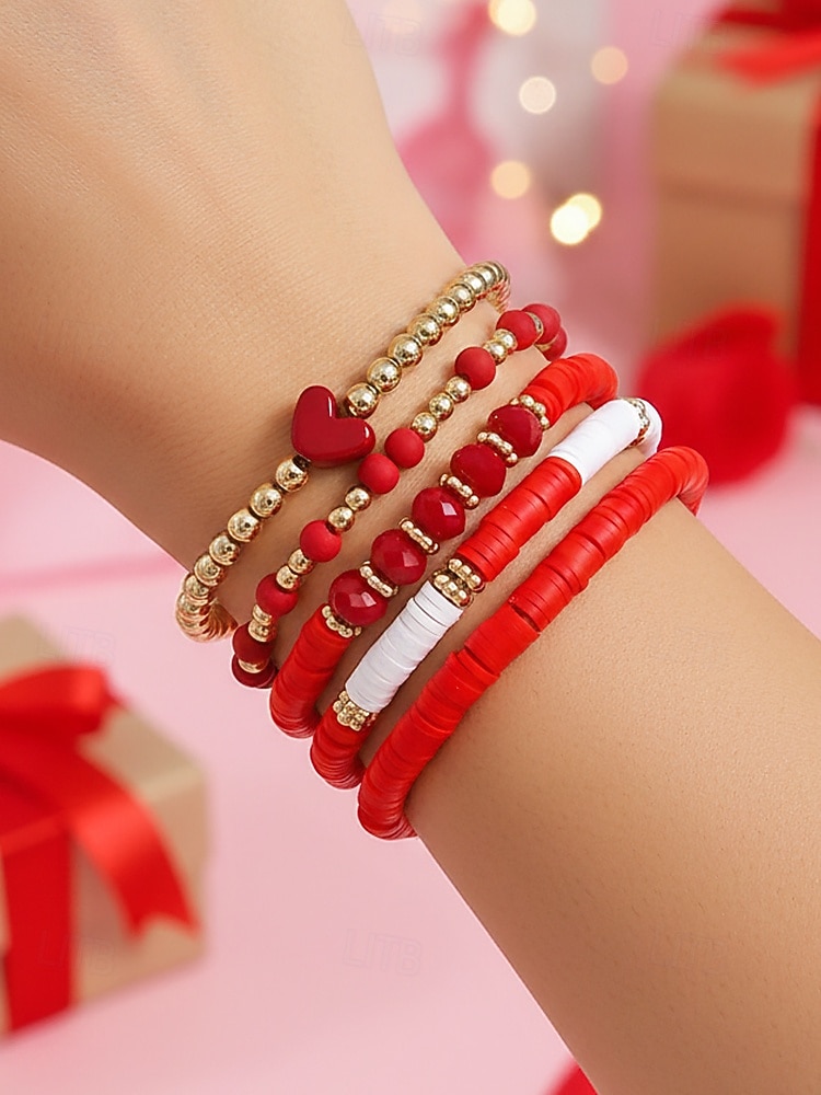 2026年 女性用ボヘミアンアクリルビーズブレスレットセット、ハートチャーム付きマルチカラーストレッチバングル、バレンタインデーのギフトや普段使いに最適な軽量重ね付け可能なブレスレット  コレクション – $7.99 –P1