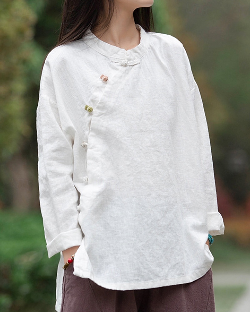 Camicia da donna a maniche lunghe con colletto alla coreana in lino biologico del 2026 a $45.99 –P9