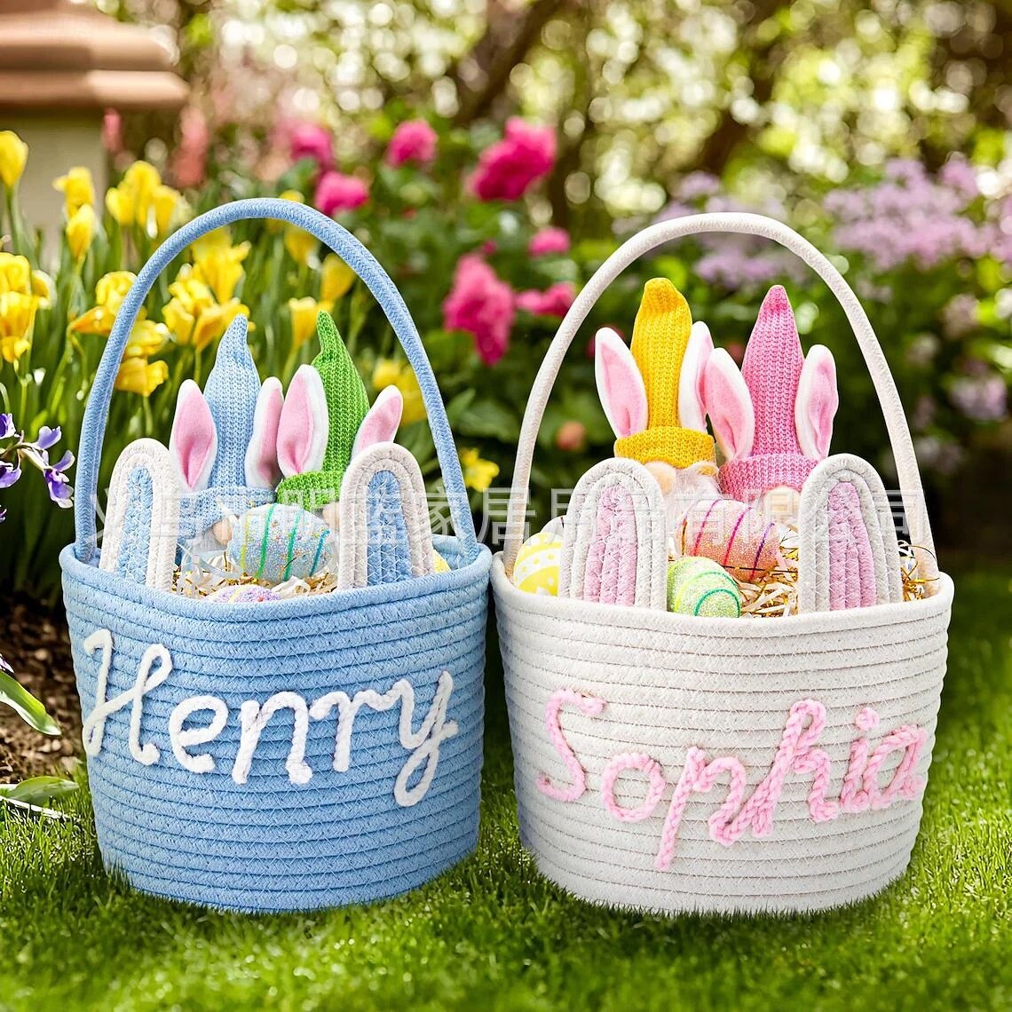 Корзинка в виде пасхального кролика, сделанная своими руками, пустая белая хлопковая веревочная сумка для поиска пасхальных яиц с ушками, многоразовое персонализированное подарочное ведерко для детей, малышей, девочек и мальчиков (пустое для самостоятельн 2026 - $19.99 –P1