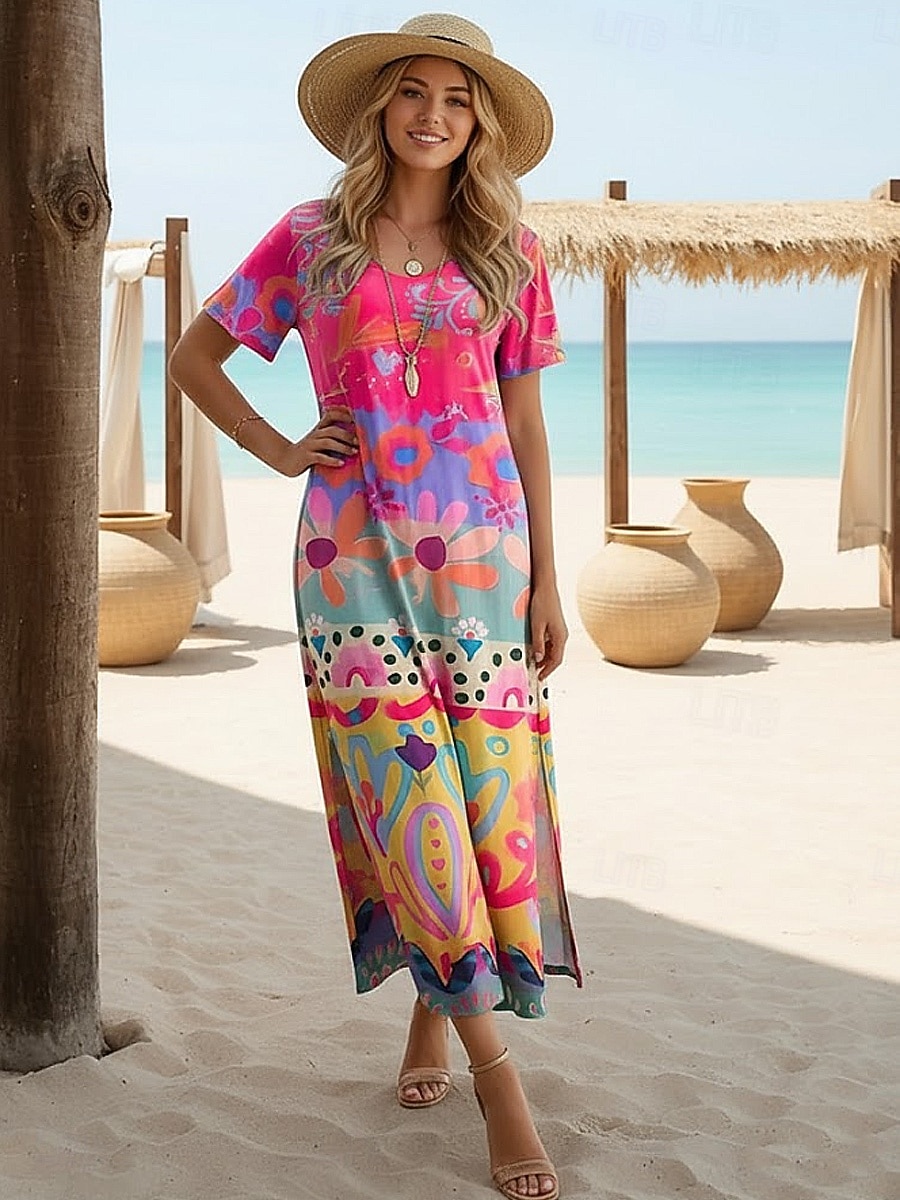 Per donna Abito Midi Vestito Estivo Abito a trapezio Vacanza Casual Boho A farfalla Spiaggia Vestibilità regolare Grafico Tribale Manica Corta Girocollo Blu Blu chiaro Oro nero Nero Estate Primavera del 2026 a $25.99 –P4