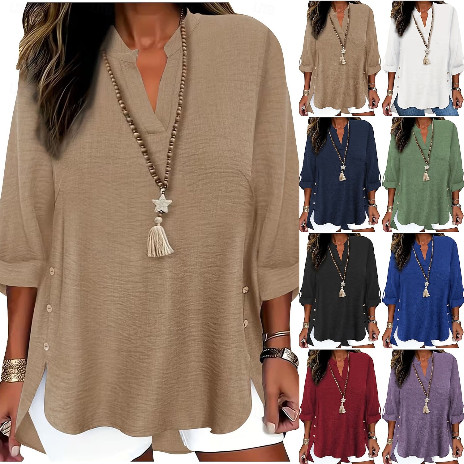 Pentru femei Cămașă Boho Tunică Peteci Culoare solidă Elegant Zilnic Stilat Lungime Manșon 3/4 În V Topuri obișnuite Zilnic Muncă Concediu Albastru piscină Verde Crud Negru Alb Roșu-aprins Primăvar 2026 - $19.99 –P1
