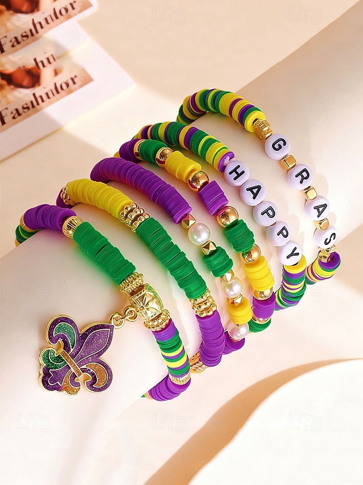 2026年 女性用アクリルブレスレットセット、マルチパターンデザイン、マルディグラテーマ、カーニバルやお祭りに最適  コレクション – $11.99 –P3