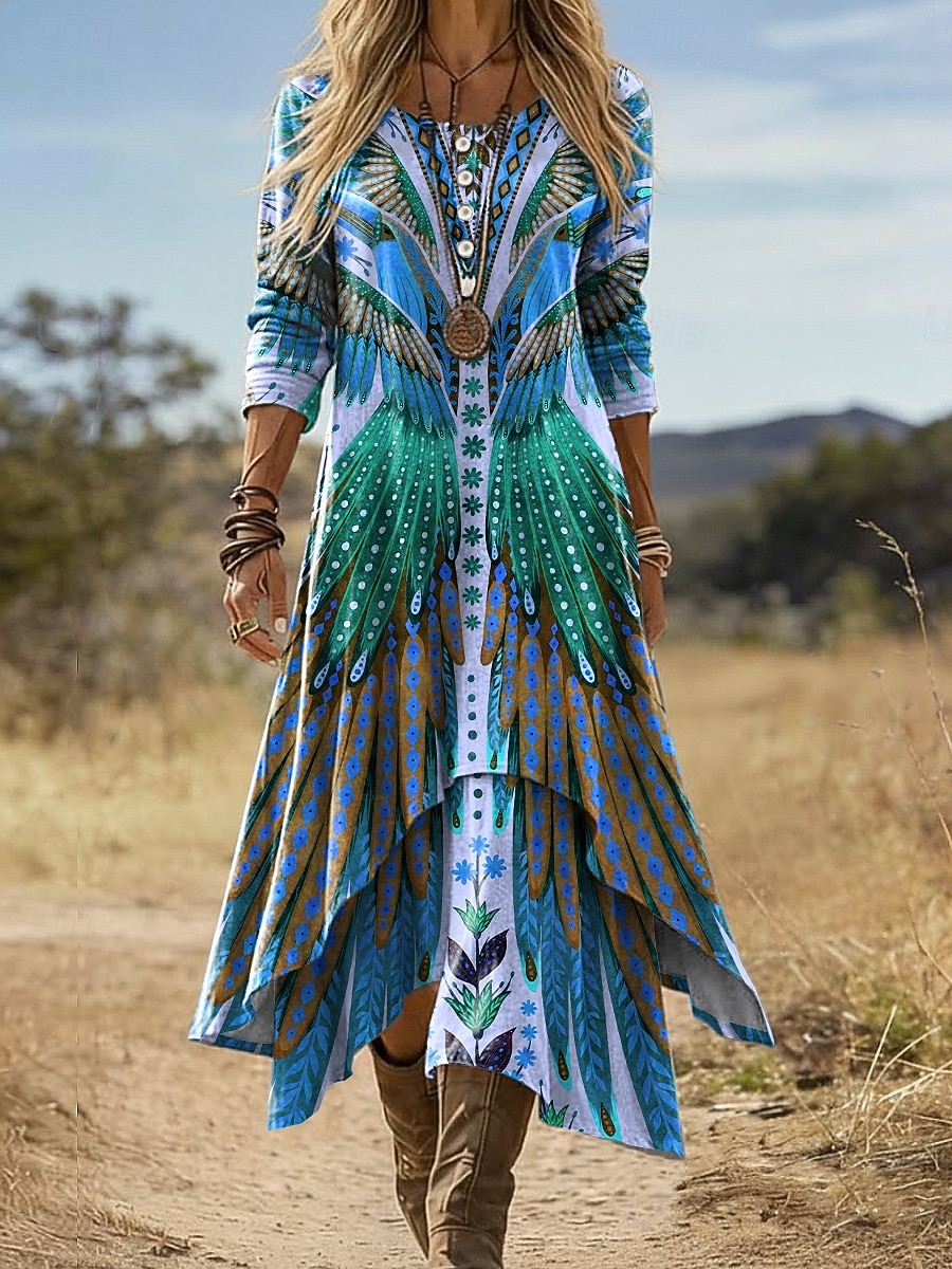 Damen Midi Kleid Boho Shift Kleid Urlaub Party Lässig Täglich Feiertag Reguläre Passform Grafisch Geometrisch Langarm Rundhals V-Ausschnitt Blau Gelb Lila Grün Sommer Frühling Herbst 2026 - $48.99 –P2