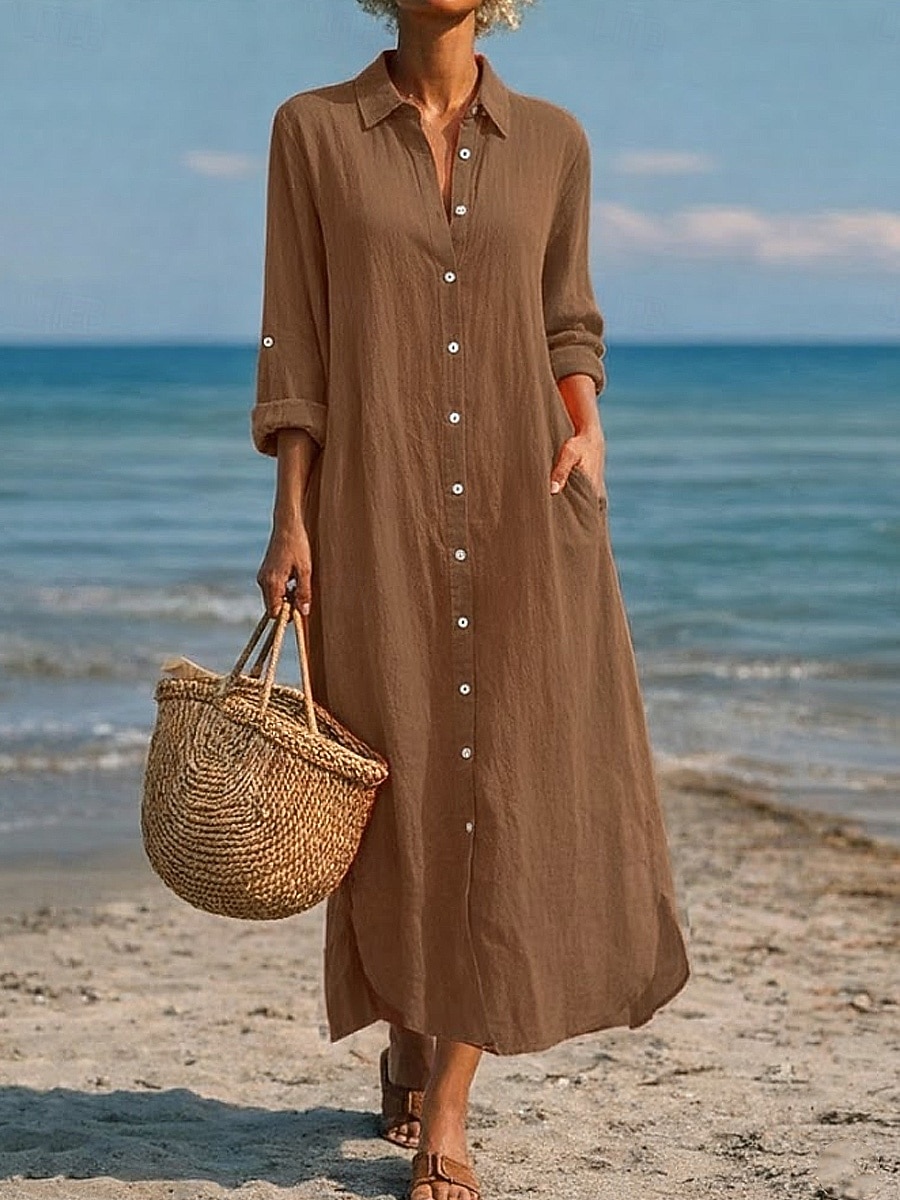 שמלת מקסי לנשים מכותנה ופשתן שמלת שינוי קזואלית יומית רחבה פשוטה עם שרוולים ארוכים צווארון כחול שחור לבן ירוק בהיר קיץ אביב סתיו 2026 - $41.99 –P16