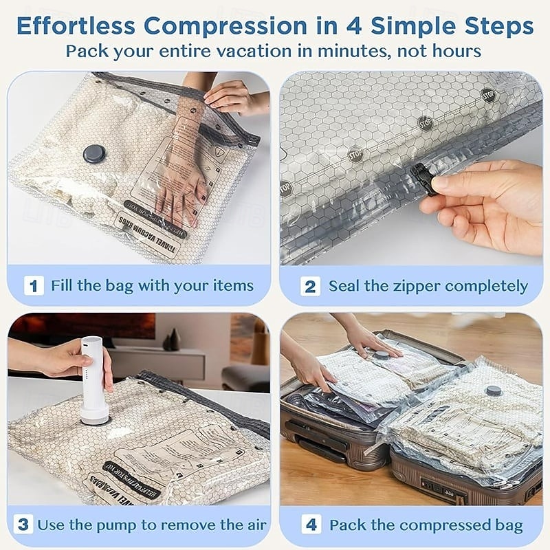 Bolsas de compresión para almacenamiento al vacío de viaje inalámbricas, juego de bolsas grises reutilizables con sellado al vacío, organizador de ropa transparente para equipaje, armario, embalaje de viaje. 2026 - $16.99 –P6