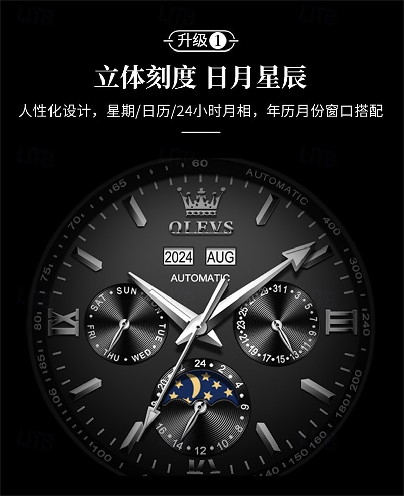 Montre homme Olevs neuve, élégante et fonctionnelle, avec affichage des phases de la lune, du calendrier, de l'heure sur 24 heures et du jour de la semaine. Montre mécanique automatique multifonctions de 2026 ? $121.99 –P4