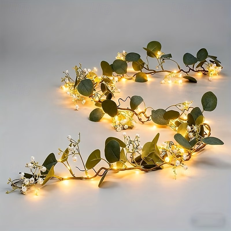 Artificial Eucalyptus Leaf Wreath String Lights Green Leaves Simulated Hanging Plant 1.7m 20LEDs for Weddings Valentine's Day Bedroom Balcony, Garden Dining Table Holiday Decoration 2026 - $16.49 –P1