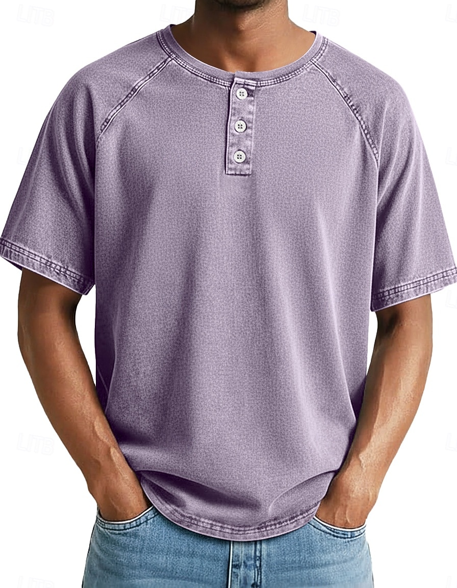 SoftFade™ Men's Tee Cotton T Shirt Washed Shirt Short Sleeve Henley Summer Spring Solid Color Plain Vintage Designer Casual Faded Buttons Casual Daily Outdoor Gray Top Tee for Men 2026 - $20.99 –P2