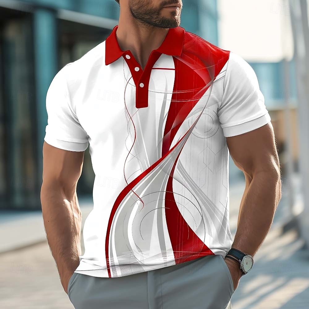 Men's Geometric Line Polo Shirts Short Sleeve Polo Shirts Collared Shirts Casual Athleisure Buttons Summer Spring Blue Red Purple 2026 - $21.99 –P1