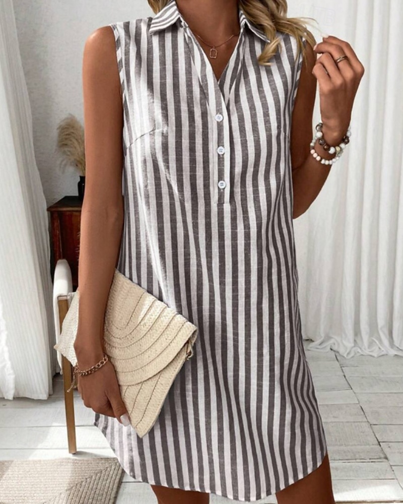 Per donna Mini Abito Abito Camicia Moda Moderno Vacanza Uscire Weekend Vestibilità comoda A righe Senza Maniche Colletto a Camicia Blu Nero Vino Verde Estate Primavera del 2026 a $21.99 –P10