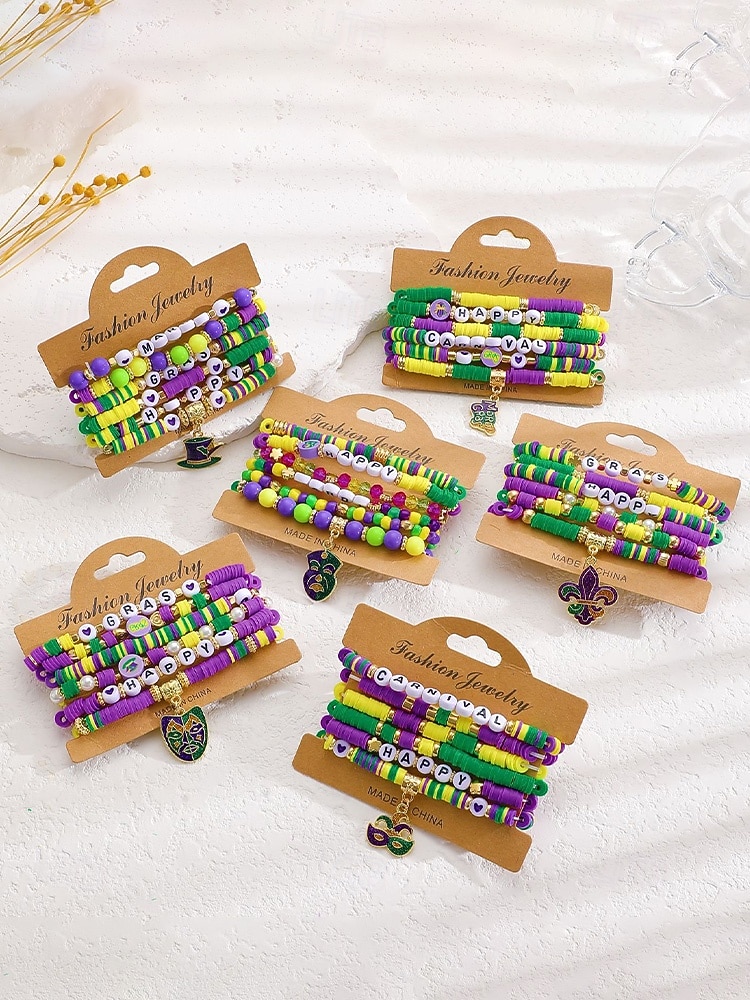 2026年 女性用アクリルブレスレットセット、マルチパターンデザイン、マルディグラテーマ、カーニバルやお祭りに最適  コレクション – $11.99 –P4