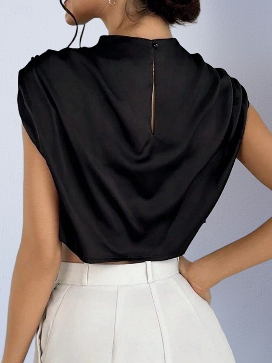 Damen Hemd Satinhemd Bluse Wickel-Crop-Top Gerafft Einfach Vintage Stilvoll Klassisch Kurzarm Hoher Ausschnitt Crop Tops Täglich Ferien Ausgehen Schwarz Weiß Marineblau Braun Grün Frühling Herbst 2026 - $22.99 –P11