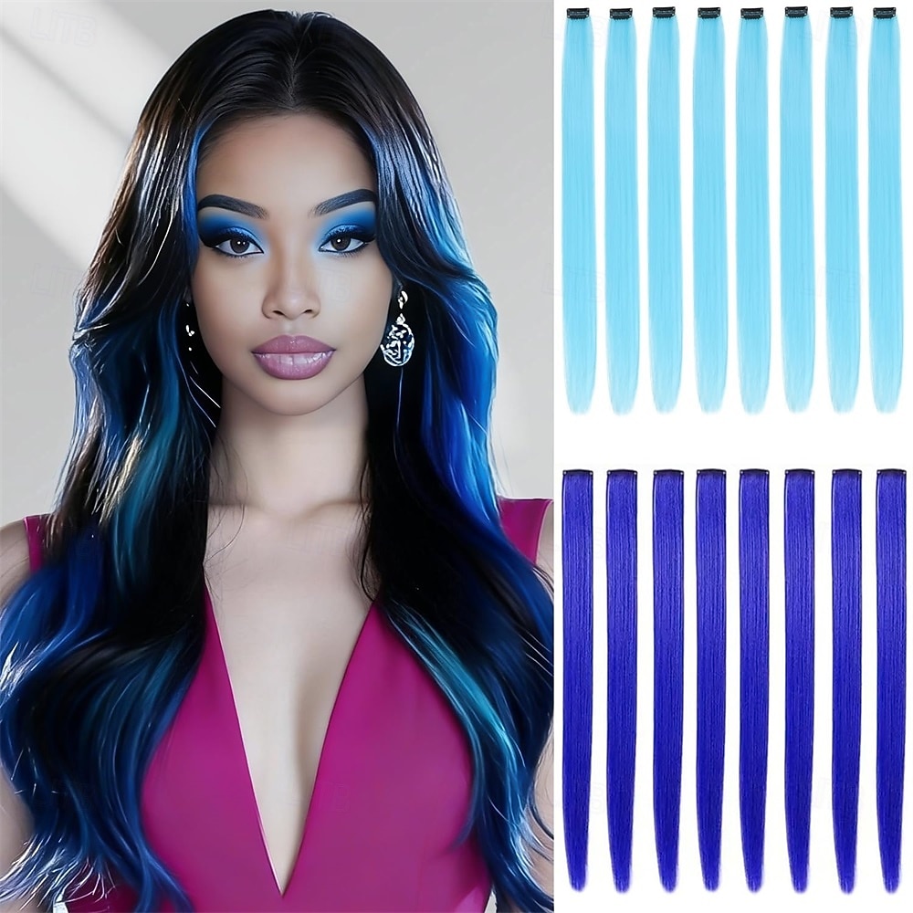 16 gekleurde clip-in haarextensies (22 steil, 8 blauw, 8 turquoise) voor dames, synthetische haaraccessoires 2026 - $18.99 –P1