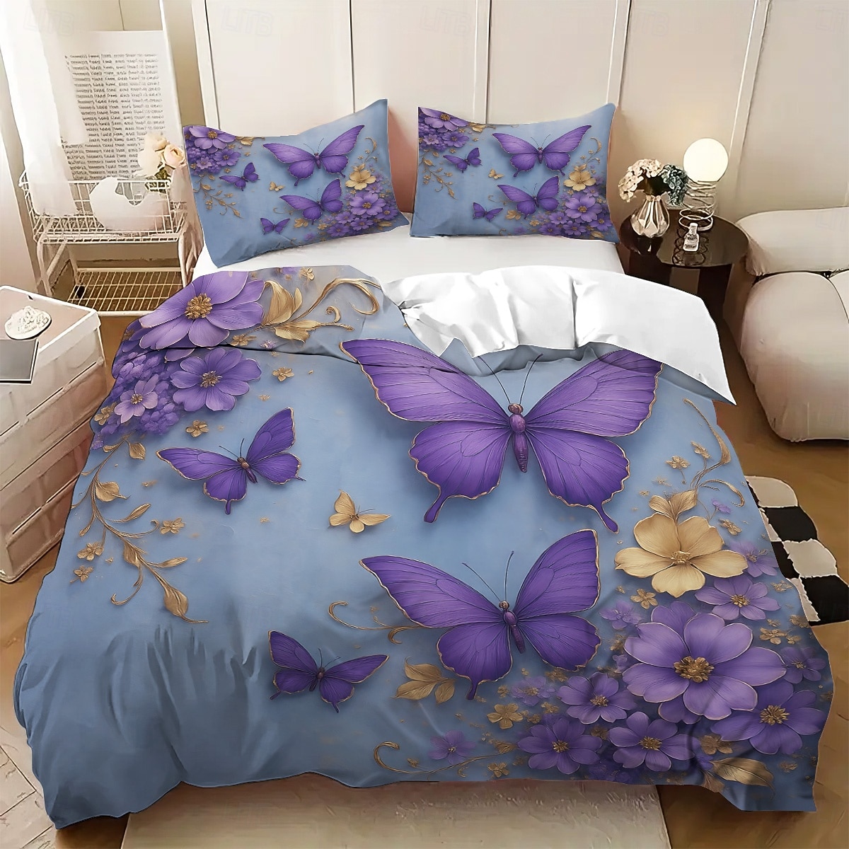 Juego de funda nórdica con estampado de flores y mariposas de rosas moradas, juego de cama estilo hotel con 1 funda nórdica y 2 fundas de almohada, tela de felpa suave, no incluye edredón. 2026 - $44.99 –P7
