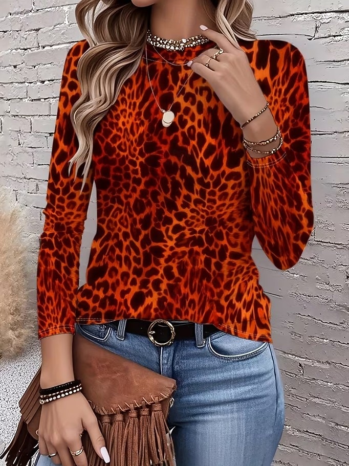 Mulheres Camiseta Imprimir Gráfico Geométrica Abstrato Vintage Moda à moda Manga Longa Gola Redonda Tops regulares Diário Azul Vermelho Roxo Fúcsia Marron Verão Primavera de 2026 por $24.99 –P6