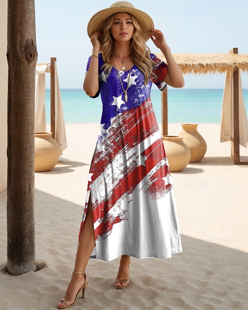 Självständighetsdagen Patriotisk Kvinnors Maxi Klänning T-shirt Klänning T-shirt Klänning Sommardress Casual Fjäril Ärmar Strand Lös Passform Grafisk Geometrisk Flagga Kortärmad Crewneck Vit Ljus Röd 2026 - $25.99 –P7