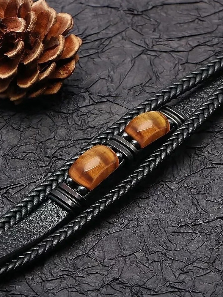Bracciale da uomo in pietra naturale e finta pelle, cinturino da polso casual intrecciato in vari colori, gioielli alla moda da uomo per l'abbigliamento casual quotidiano e lo street style del 2026 a $11.99 –P9
