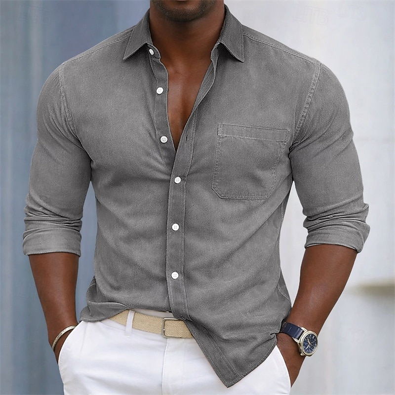 SoftFade™ Men's Shirt Casual Shirt Cotton Shirt Acid Wash Shirt Green Apricot Light Blue Long Sleeve Plain Shirt Collar Casual Daily Front Pocket Clothing Apparel Cotton Elegant Fashion Casual 2026 - $31.99 –P6