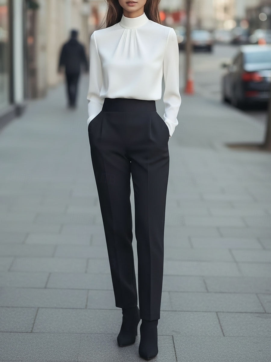 Per donna Elegant Elegante Top in raso Blusa Semplice Elegante Quotidiano Collo Alto Top Regolari Quotidiano Nero Bianco Viola Cachi Autunno del 2026 a $13.99 –P3