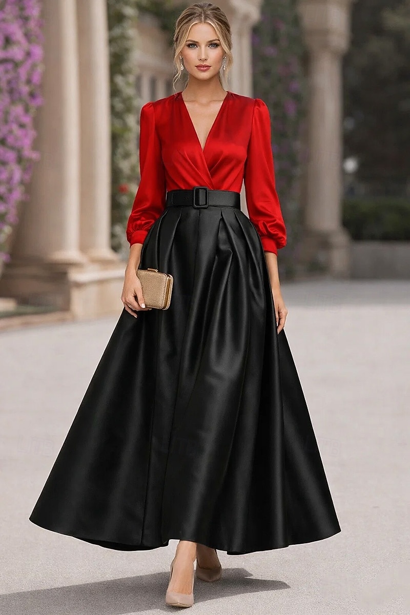 A-linja Kokopitkä Nilkkapituinen Cocktailmekot Tyylikäs Pitkähihainen V kaula-aukko Puutarhajuhlat Häät Satiini Tafti kanssa Laskokset Rypytetty 2026 - $163.99 –P5