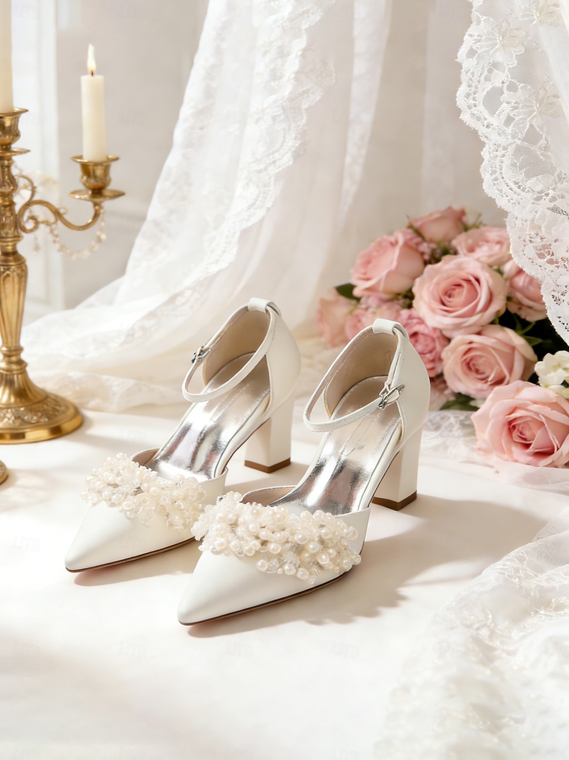 Women's Ivory Pearl Embellished Ankle Strap Heels, Elegant Pointed-Toe Bridal Shoes for Modern City Wedding 2026 - $64.99 –P2