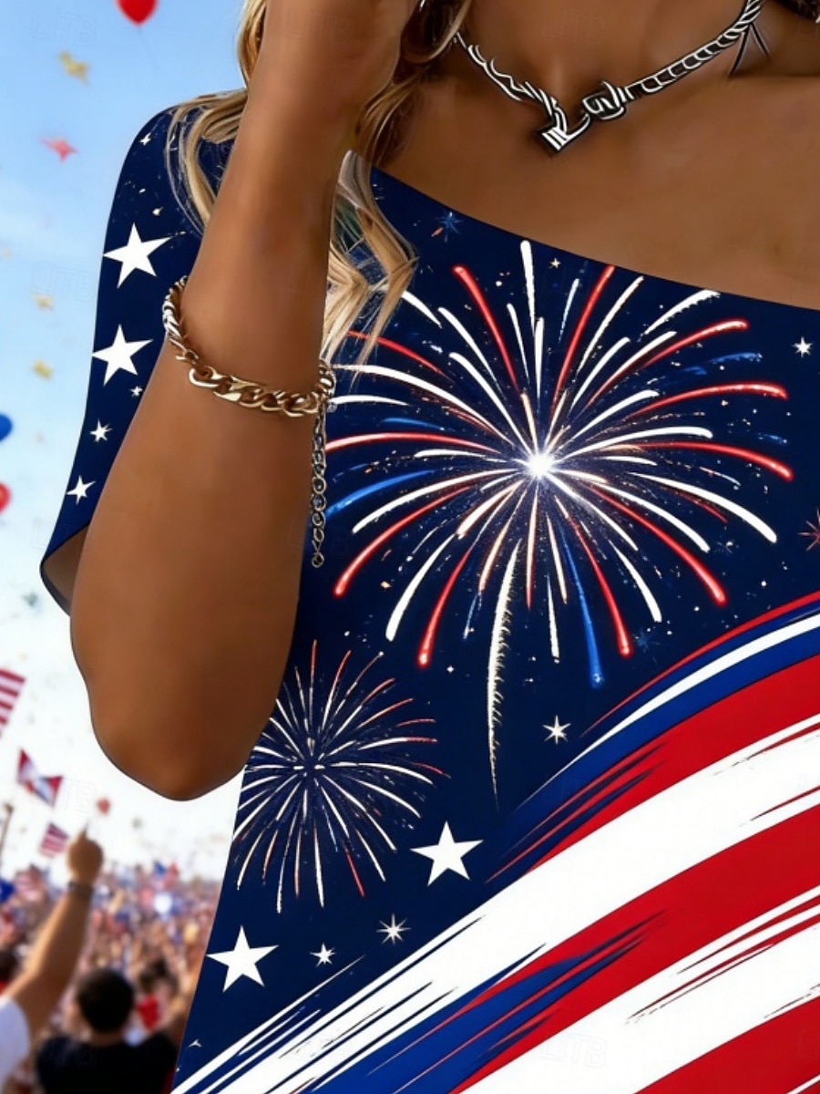 American Independence Day Women's T Shirt Tee Top Print Graphic American Flag Fashion Classic Casual Short Sleeve One Shoulder Regular Tops Daily Going out Weekend Blue Summer Spring 2026 - $23.99 –P2