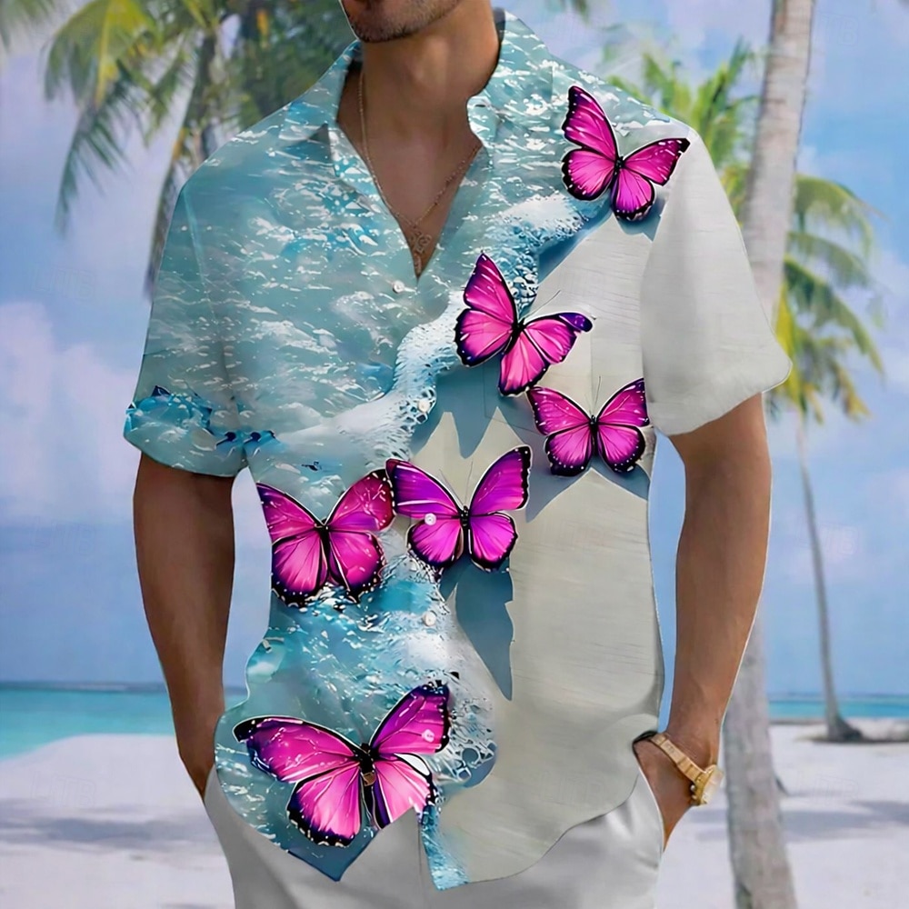Men's Butterfly Ocean Waves Summer Hawaiian Shirt Button Up Shirt Aloha Shirt Short Sleeve Hawaiian Casual Vacation Summer Spring Turndown 3D Print Collared Shirts Front One Pocket Blue Purple Green 2026 - $25.99 –P6
