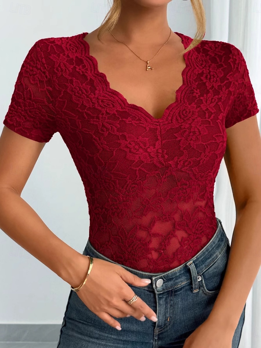Per donna Blusa Top in pizzo Floreale Semplice Elegante Sexy Classico Manica Corta Scollo a V Top Regolari Quotidiano Ferie Uscire Nero Bianco Rosso Verde Estate Primavera del 2026 a $25.99 –P4