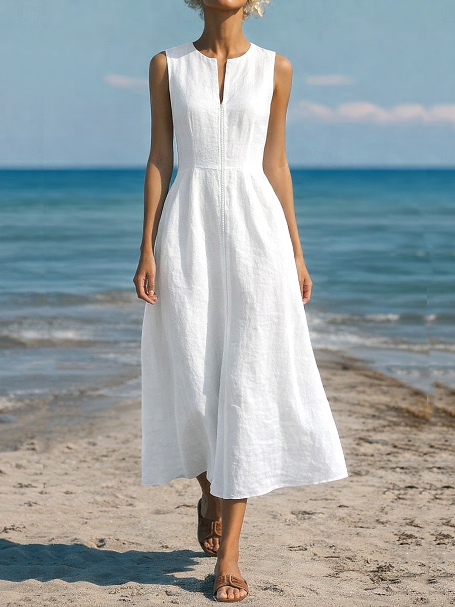 Robe maxi en lin-like pour femmes en faux coton robe en A robe d'été décontractée quotidienne coupe régulière sans manches col en V blanc été de 2026 ? $31.99 –P2